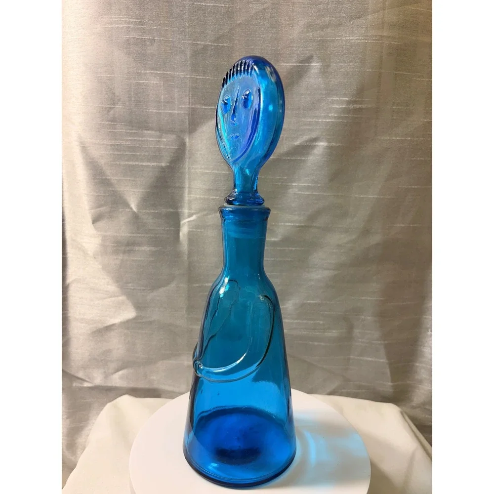Vintage Erik Höglund Boda Blue Glass People Decanters Face Stoppers Pair MCM